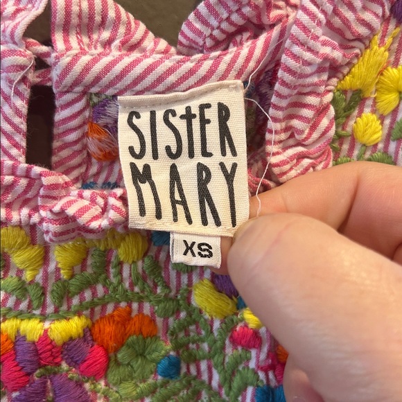 Sister Mary Floral Embroidered Seersucker Dress Cottagecore Boho Womens Sm - Picture 2 of 7